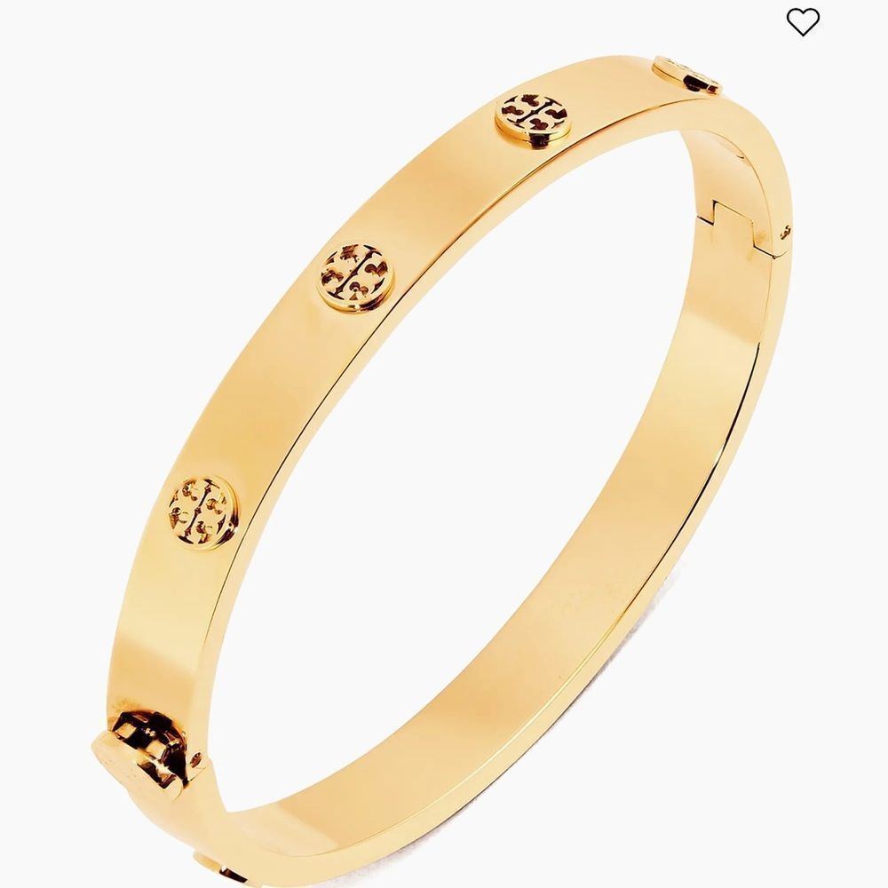 TORY BURCH GOLD TONE LOGO STUD HINGED BANGLE BRACELET